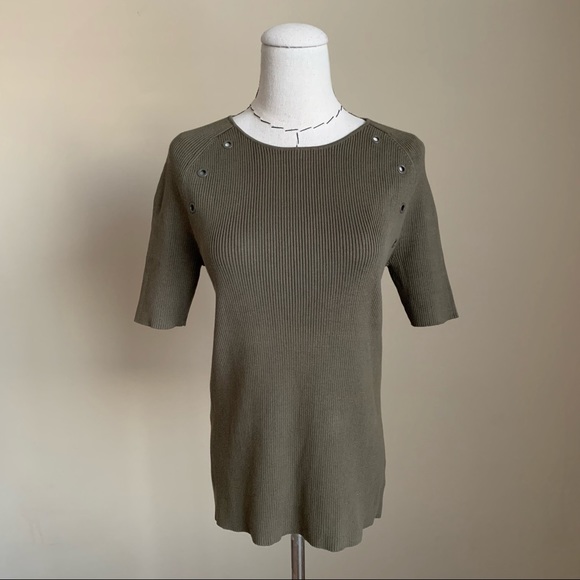AKRIS Punto Olive Ribbed Cotton Knit Short Sleeve Tee Grommets - Picture 1 of 10